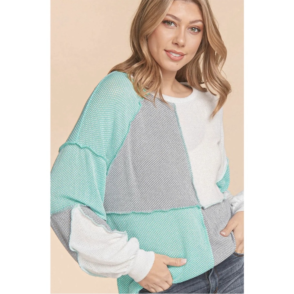 Color Block Sweater - Mint, Gray, and White